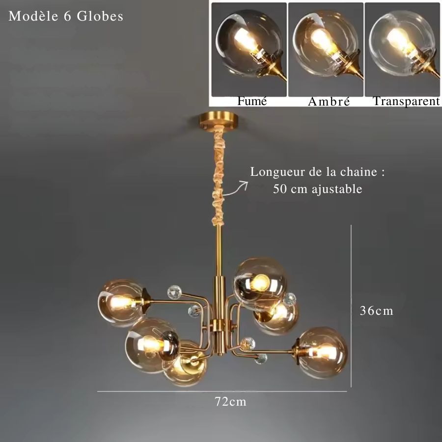 Lustre Spoutnik doré à 6 globes en verre, d'inspiration rétro années 60, avec dimensions et trois finitions disponibles.