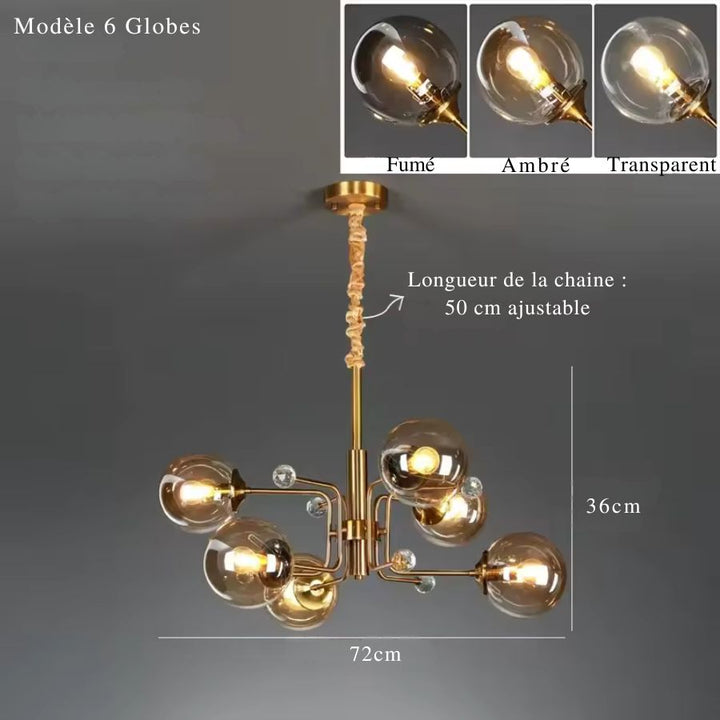 Lustre Spoutnik doré à 6 globes en verre, d'inspiration rétro années 60, avec dimensions et trois finitions disponibles.