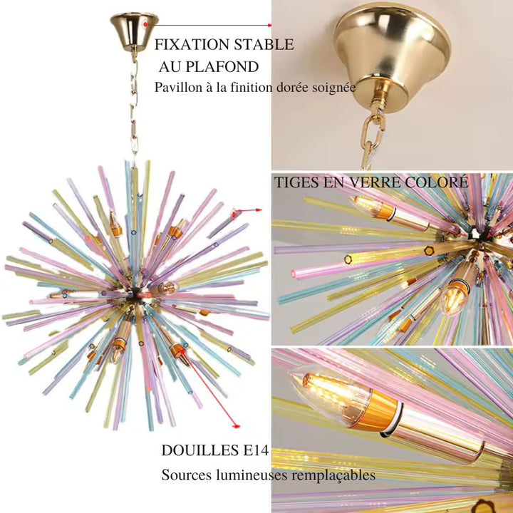 Détails du lustre en tiges de verre coloré avec finition dorée et douilles E14 au style sculptural et contemporain