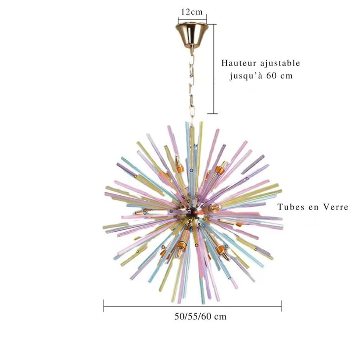 Dimensions du lustre en tiges de verre coloré style Sputnik, disponible en 50, 55 ou 60 cm de diamètre
