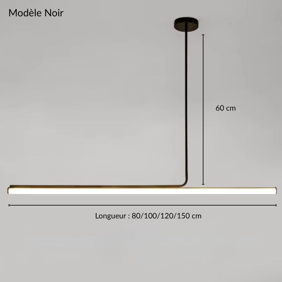 Modèle noir du lustre tube LED linéaire, disponible en 80, 100, 120 ou 150 cm avec une hauteur de 60 cm.
