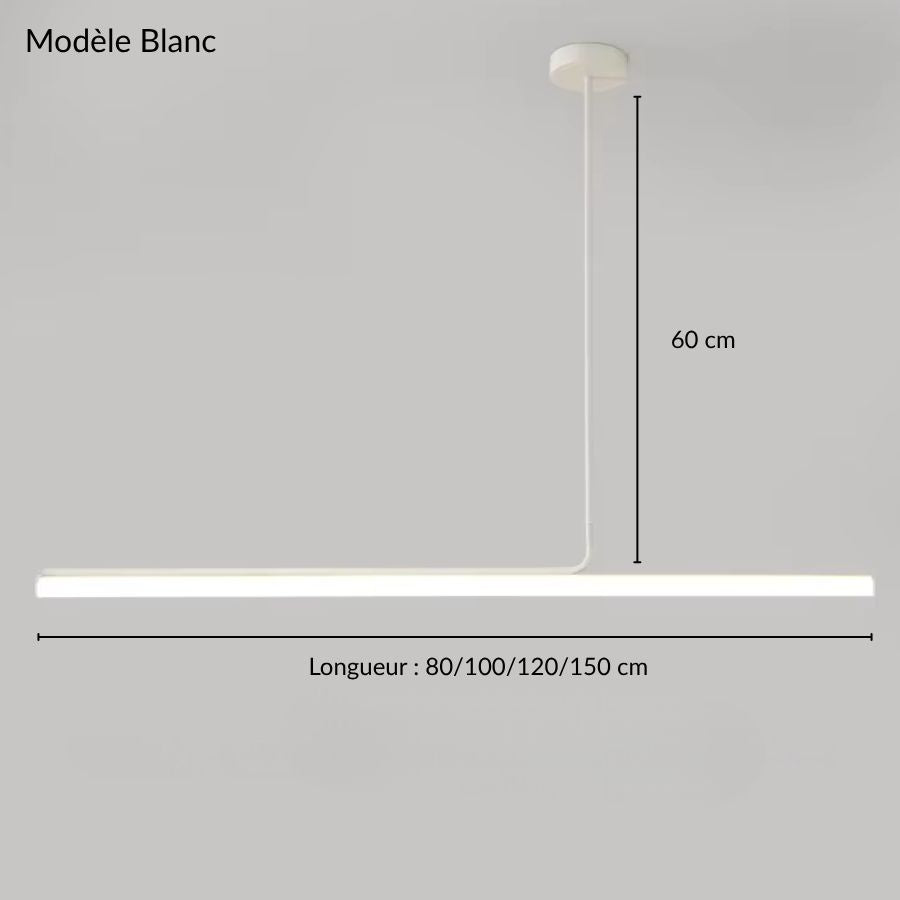 Version blanche du lustre tube linéaire, proposée en quatre longueurs de 80 à 150 cm avec une hauteur de 60 cm.