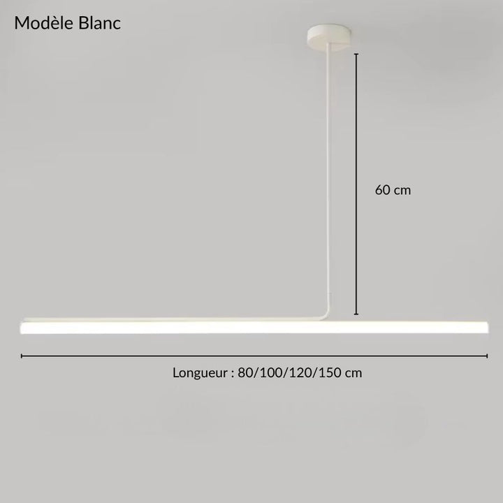Version blanche du lustre tube linéaire, proposée en quatre longueurs de 80 à 150 cm avec une hauteur de 60 cm.
