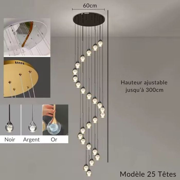 Lustre XXL 25 têtes, cascade de globes en verre transparent cœur opalin, effet spectaculaire chic.