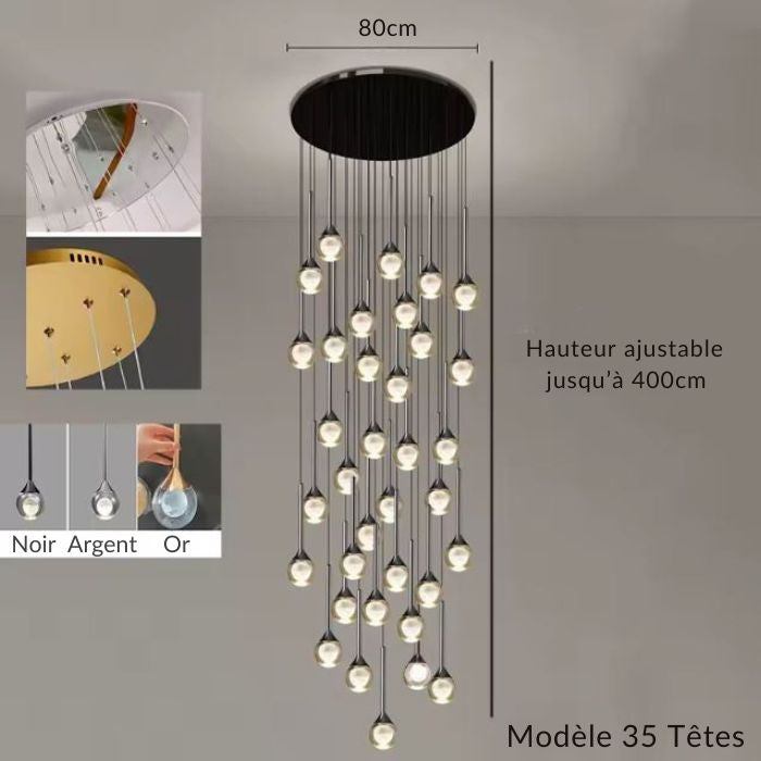Lustre XXL 35 têtes, verre transparent à cœur opalin, style lobby contemporain haut de gamme.