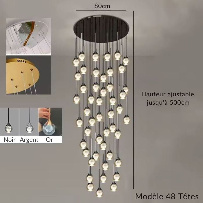Lustre XXL 48 têtes en cascade, verre transparent cœur opalin, allure design minimaliste luxueuse.