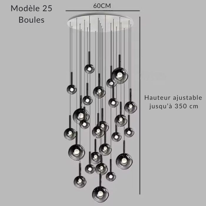 Lustre XXL 25 globes en verre fumé noir, base 60 cm, effet spectaculaire pour grande hauteur.