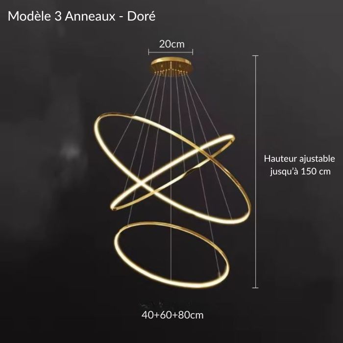 Modèle doré à 3 anneaux d’une suspension cascade grande hauteur LED, avec hauteur ajustable jusqu’à 150 cm pour plafonds hauts.