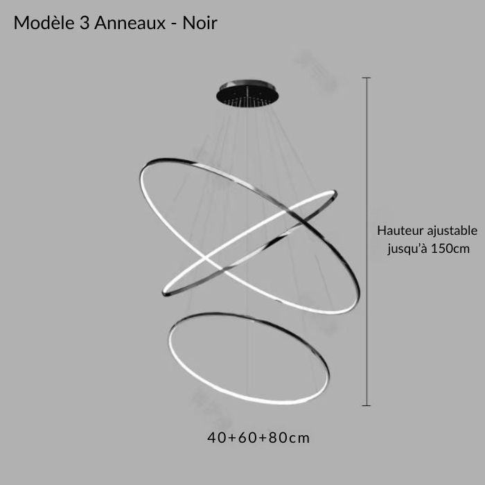 Modèle 3 anneaux noir d’une suspension cascade grande hauteur LED, avec hauteur réglable jusqu’à 150 cm pour plafond haut.