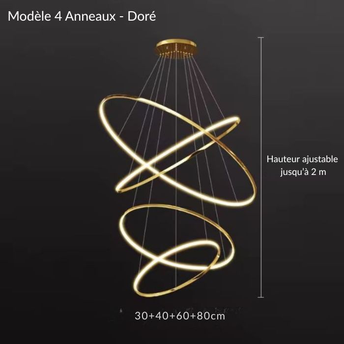 Modèle doré à 4 anneaux d’une suspension cascade grande hauteur LED, hauteur réglable jusqu’à 2 m, idéale pour plafond cathédrale.