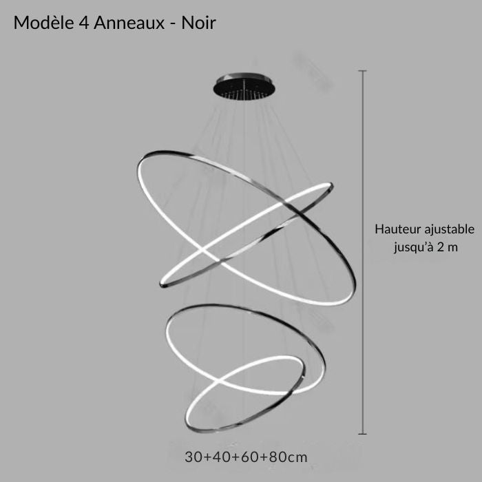 Suspension cascade grande hauteur noire avec 4 anneaux LED, hauteur ajustable jusqu’à 2 m, idéale pour loft moderne ou entrée XXL.