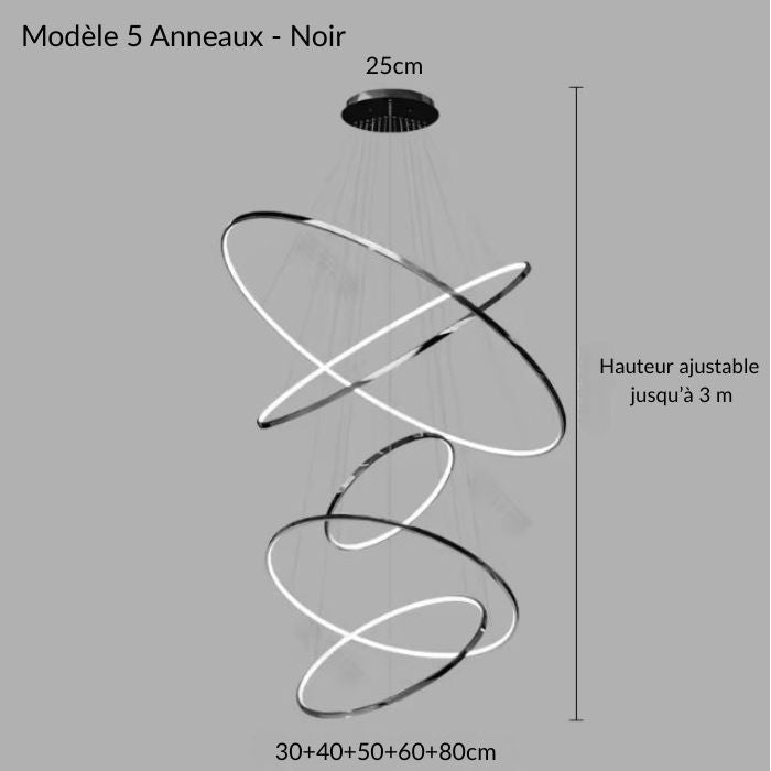 Suspension cascade grande hauteur noire à 5 anneaux LED, réglable jusqu’à 3 m, idéale pour halls contemporains ou plafonds vertigineux.
