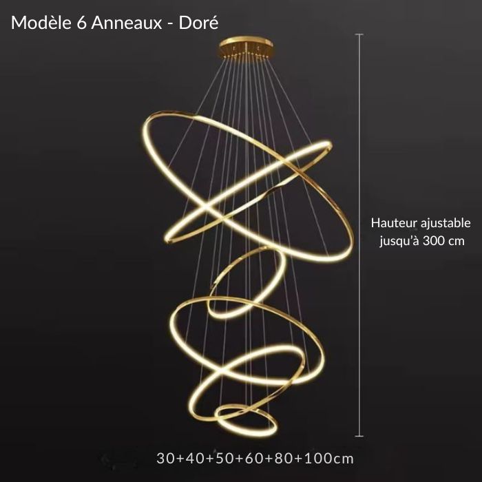 Suspension cascade grande hauteur dorée à 6 anneaux LED, hauteur ajustable jusqu’à 3 m, idéale pour un intérieur majestueux et chic.