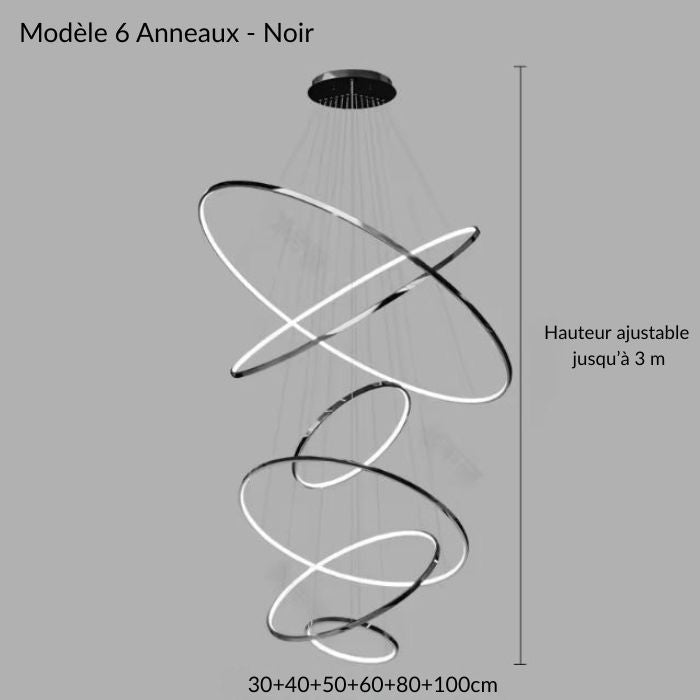 Suspension cascade grande hauteur noire à 6 anneaux LED, réglable jusqu’à 3 m, parfaite pour loft contemporain ou hall lumineux.