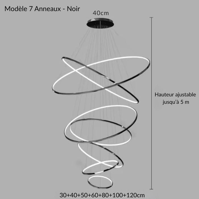 Suspension cascade grande hauteur noire à 7 anneaux LED, réglable jusqu’à 5 m, parfaite pour intérieur design avec plafond vertigineux.
