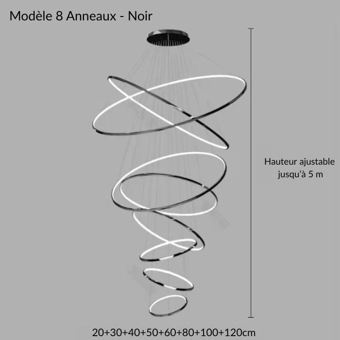 Suspension cascade grande hauteur noire à 8 anneaux LED, ajustable jusqu’à 5 m, parfaite pour intérieur contemporain et plafond élevé.
