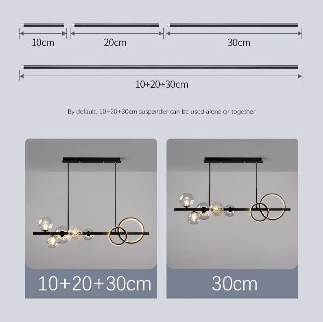 Options de tiges pour suspension design : longueurs 10, 20 et 30 cm combinables pour ajuster la hauteur et adapter l’éclairage à chaque espace intérieur.