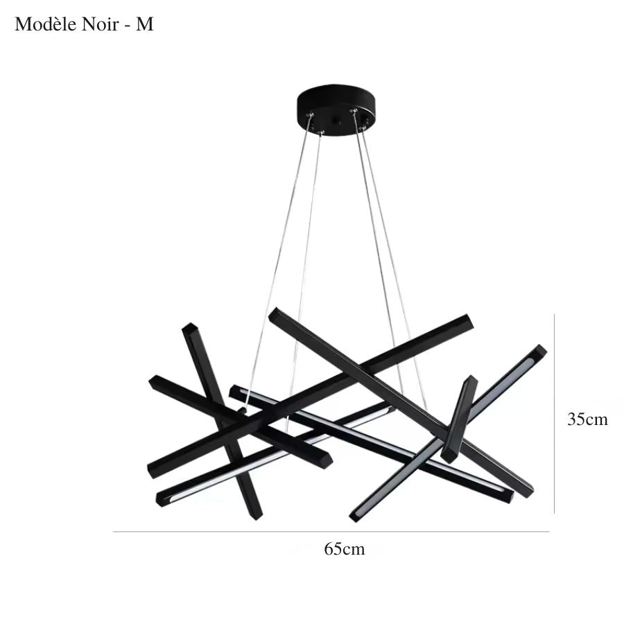 Suspension noire de 65 x 35 cm formée de barres LED croisées, évoquant une composition artistique aux lignes épurées.