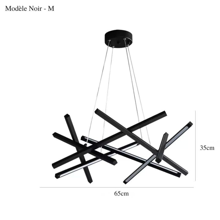 Suspension noire de 65 x 35 cm formée de barres LED croisées, évoquant une composition artistique aux lignes épurées.
