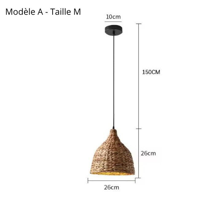Petite suspension en rotin modèle A taille M avec abat-jour tressé au style naturel et format compact