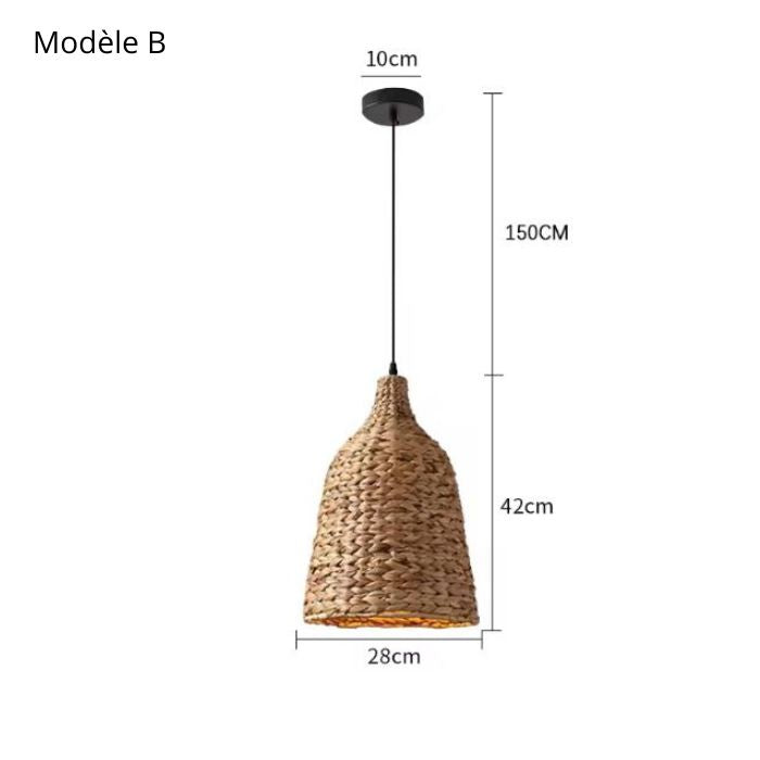 Petite suspension en rotin modèle B à la forme élancée en fibres végétales pour une décoration authentique