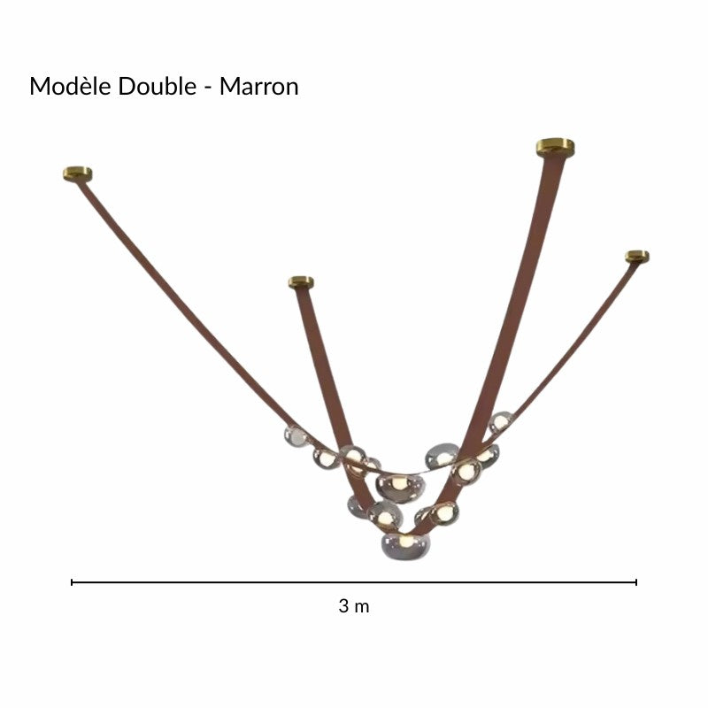 Vue technique cotée du luminaire suspendu à lanières de cuir et globes lumineux sphériques.