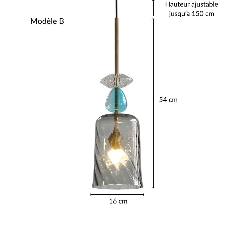 Schéma technique avec mesures de la suspension en verre soufflé bleu, idéale pour un projet déco.