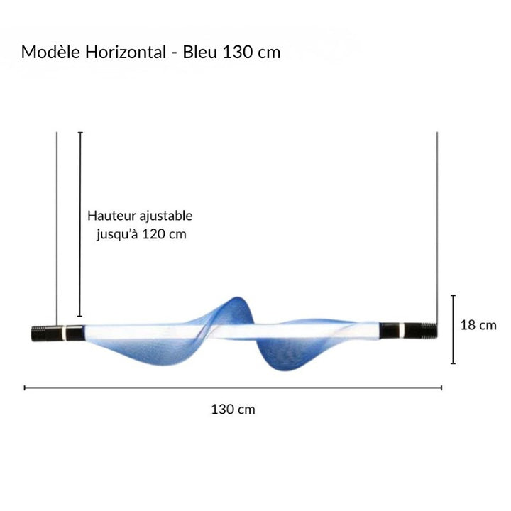 Plan coté complet indiquant l'envergure d'une suspension LED horizontale design.