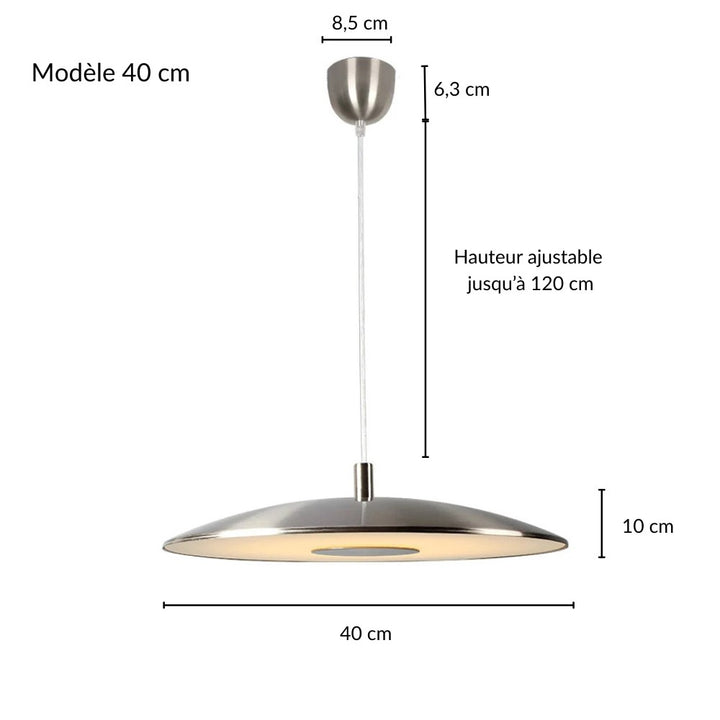 Plan coté et dimensions de la suspension disque contemporaine modèle 40 cm avec câble ajustable.