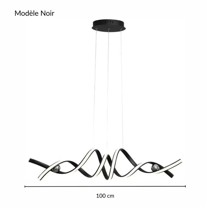 Fiche technique illustrant les mensurations précises du modèle de luminaire spirale en version noire.