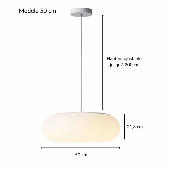 Cotes et mesures du grand modèle de suspension galet en verre opalin blanc.