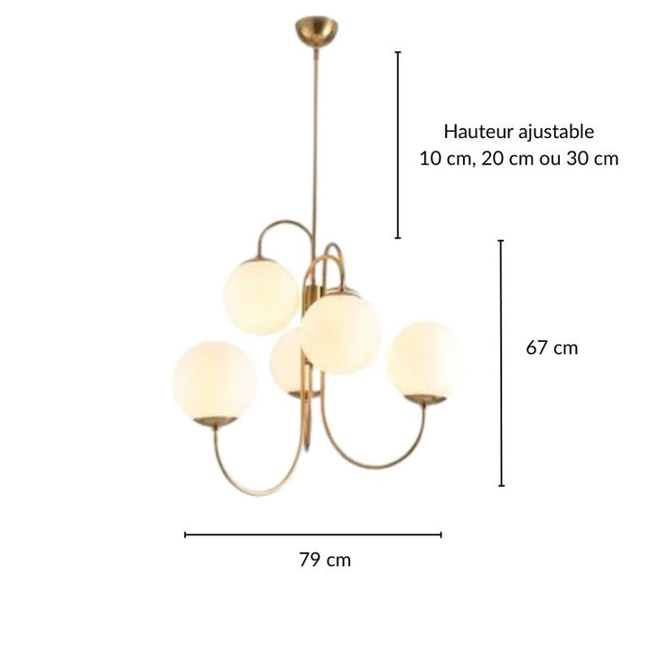 Schéma technique détaillé de la suspension en laiton et verre opalin avec ses dimensions précises (79 cm de largeur).