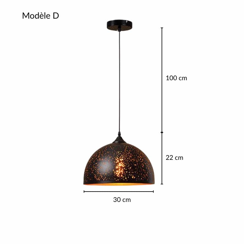 Représentation schématique avec les dimensions de la suspension constellation perforée en métal noir.