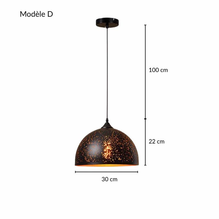 Représentation schématique avec les dimensions de la suspension constellation perforée en métal noir.