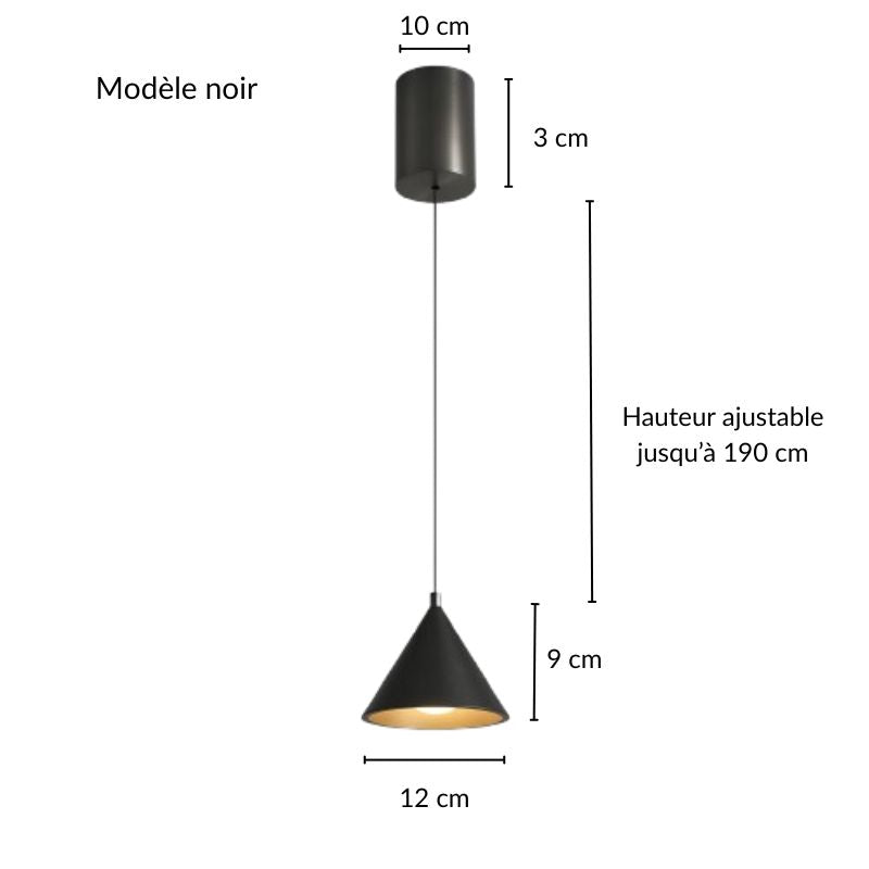 Illustration des dimensions précises et du câble réglable pour cette suspension design noire élégante.