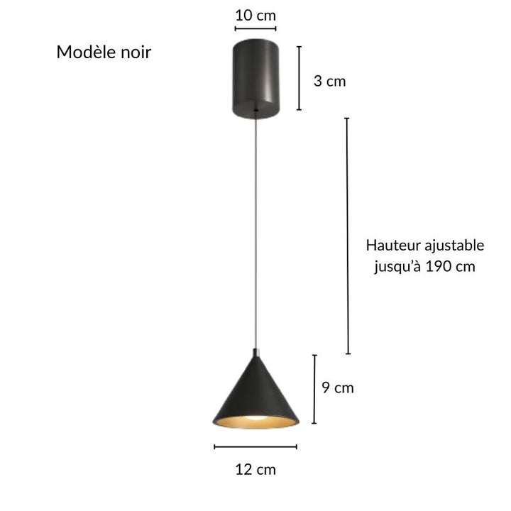 Illustration des dimensions précises et du câble réglable pour cette suspension design noire élégante.