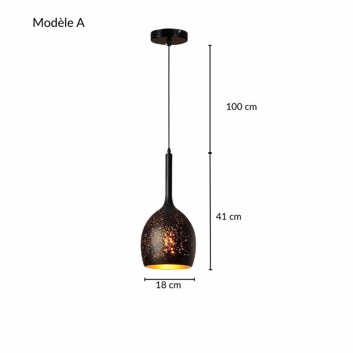 Schéma technique avec dimensions d'un modèle de suspension constellation perforée en métal élancé.