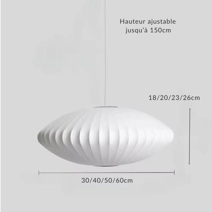 Schéma de dimensions d’une suspension blanche ovale en tissu japonais côtelée, avec hauteur réglable et plusieurs tailles disponibles.