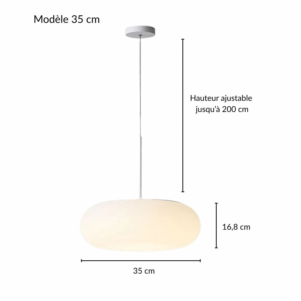 Fiche technique des dimensions de la suspension galet flottant en opaline moyenne.