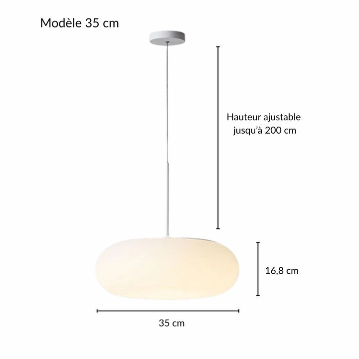 Fiche technique des dimensions de la suspension galet flottant en opaline moyenne.