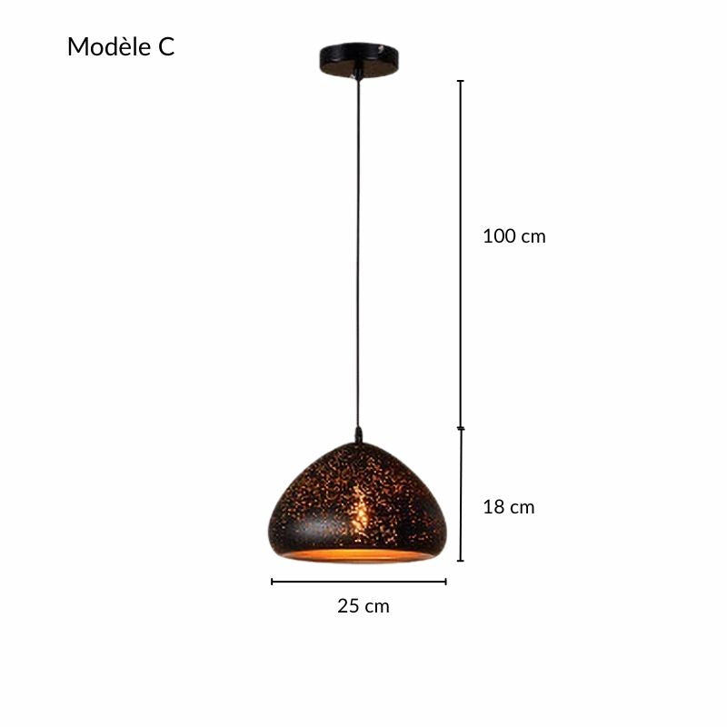 Fiche technique illustrant les mesures de la suspension constellation perforée en métal forme cloche.