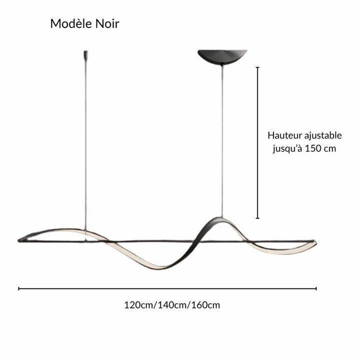 Schéma des dimensions détaillées pour le modèle de suspension noire à ruban ondulé.