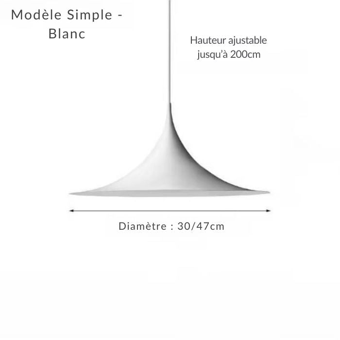 Vue technique du modèle simple blanc, suspension à large disque disponible en 30 et 47 cm.
