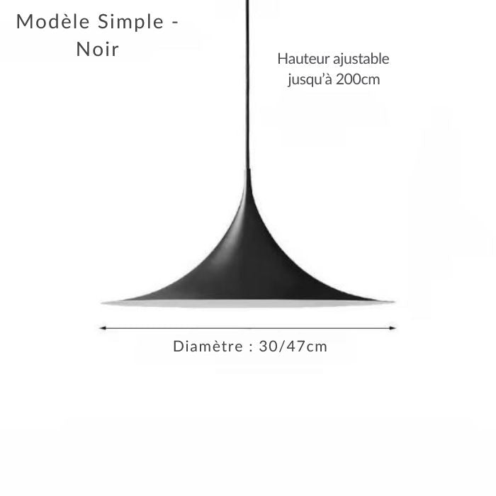 Schéma du modèle simple noir, suspension effilée de 30 ou 47 cm avec hauteur ajustable jusqu’à 200 cm.