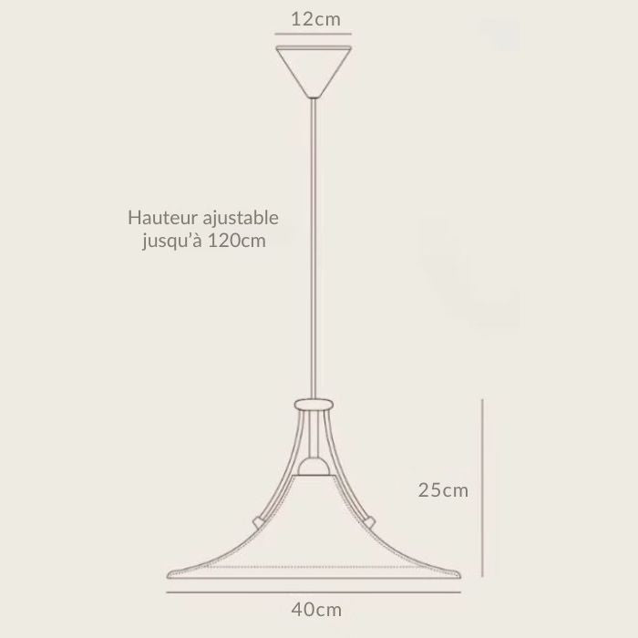 Schéma des dimensions d’une suspension en verre blanc évasé, au design rétro italien et moderniste.
