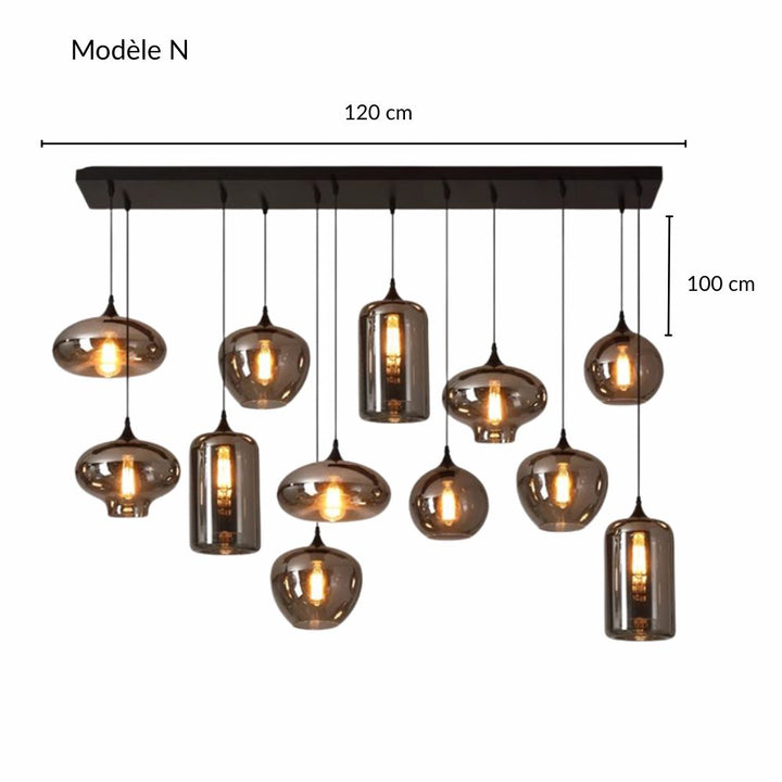 Schéma des dimensions d'une suspension design composée de multiples abat-jours en verre fumé.