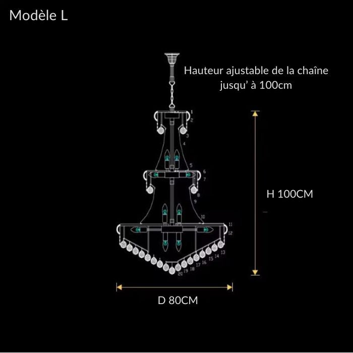 Schéma technique du lustre en cristal modèle L, format grande hauteur 100 cm et diamètre 80 cm.