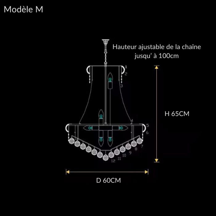 Plan du lustre en cristal modèle M, diamètre 60 cm, hauteur 65 cm, suspension à chaîne réglable.