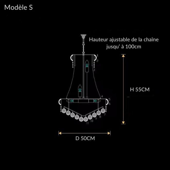 Schéma du lustre en cristal modèle S, diamètre 50 cm, hauteur 55 cm, chaîne ajustable jusqu’à 100 cm.