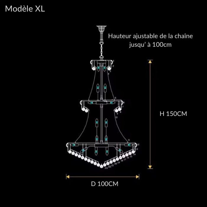 Dimensions du lustre en cristal modèle XL, 150 cm de haut sur 100 cm de diamètre, idéal plafond haut.